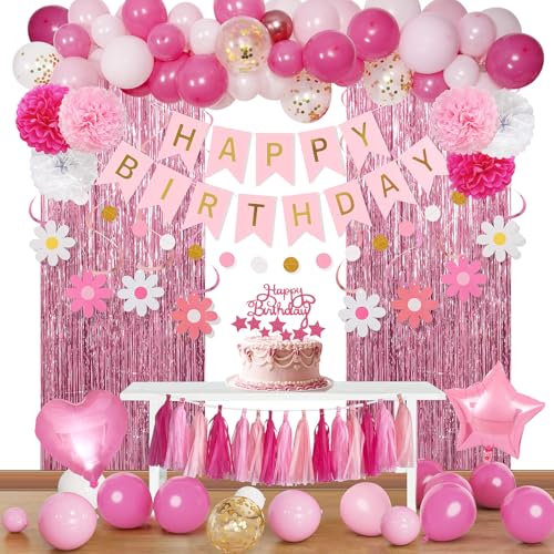 Pink Red Happy Birthday Party Decorations kits for Girls Women with Happy Birthday Banner, Fringe Curtain,Foil Balloons,Tissue Pompoms,Dots Garland,Tassels Garland,Cake Topper for birthday decor(pink)