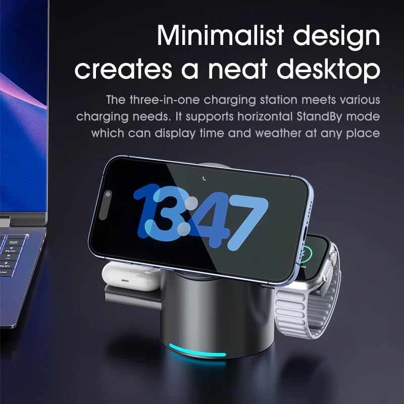 Image of 3 in 1 Charging Station for Apple Devices, Mag-Safe Magnetic Charger Stand, Qi2 15W Auto-Rotating Wireless Charger for iPhone 17 16 /15 /14 /13 /12 Series & AirPods & iWatch (2.0, Amps, UK)