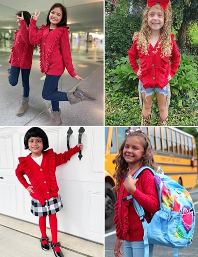 Image of Arshiner Girls Cardigan Sweaters Ruffle School Uniform Sweater V Neck Button Front Outerwear 4-13 Years