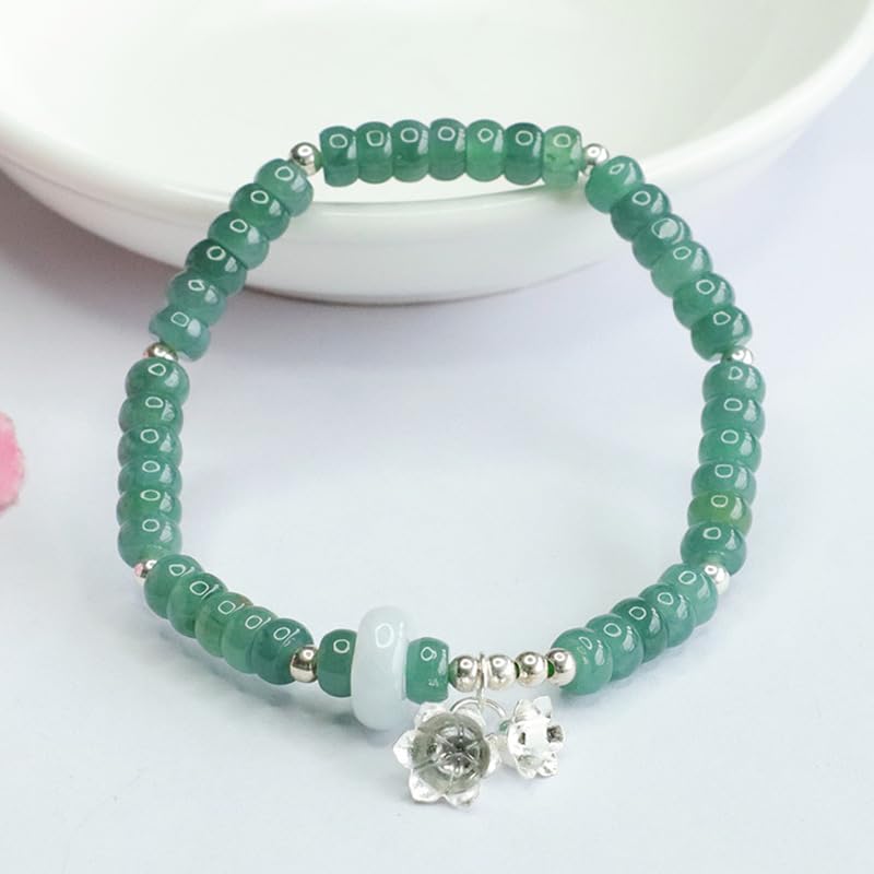 Bracciale in giada da donna, braccialetto con perline di abbaco d'acqua blu giadeite grado A ciondolo a forma giglio in argento S925, buona fortuna Fengshui for la meditazione yoga, 5 mm