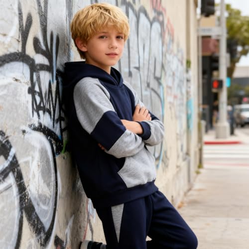 Image of 5-11Y Boys Clothes Long Sleeve Hooded Pullover Colorblock Sweatshirt + Pants 2pcs Fall Winter Outfit Set