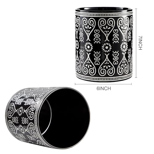 Image of 7-Inch Heavy Ceramic Utensil Holder for Kitchen Counter, Black | 6-Inch Diameter, Extra Large Crock with White Boho Pattern for Rustic Kitchen Decor