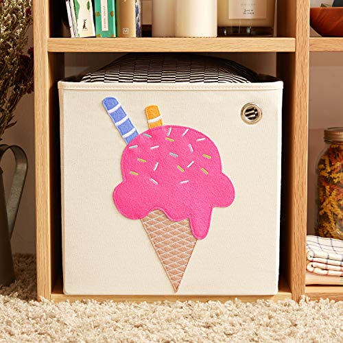 kaikai & ash Canvas Storage Bin, Nursery Bedroom, Toy Box Cube Organizer for Kids Newborns and Infants, Baby Shower Gift Basket, 13 inch Square, Collapsible, Ice Cream