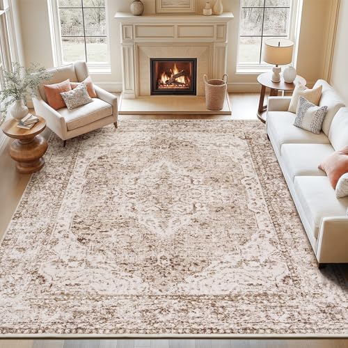 Lofus 8x10 Area Rugs for Living Room, Washable Area Rug, Rugs for Bedroom, Kitchen, Vintage Boho Carpet, Soft Non-Slip, Low Pile Large Area Rug for Office Dining Room, Vintage Beige Brown