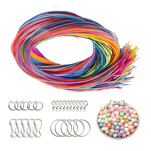 XHWOLGARIAN Scoubidou Lot de 85 rubans tressés colorés avec porte-clés, crochets, perles en bois et fermoir mousqueton pour bricolage et porte-clés, kit de...