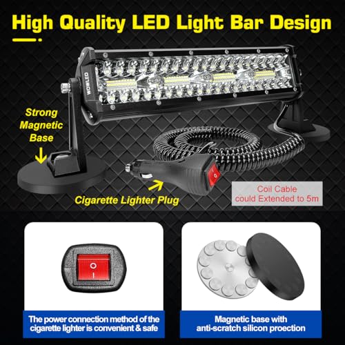 WOWLED Magnetische LED-Lichtleiste, Superhelle 12 Zoll Combo Beam Zigarettenanzünder Lichtleiste 6000K mit starken Magneten 4-Wege-Montage, 12V 24V Traktor Arbeit Lichtleiste für ATV Autos Anhänger