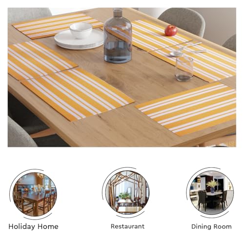 Image of Encasa XO Dining Table Mats Set of 6, 46x32 cm | Handmade Franca Yellow Stripes Ribbed Cotton Table Mat | Heat-Resistance Table Placemats, Non-Slip, Washable & Durable Place mat for Dining Table