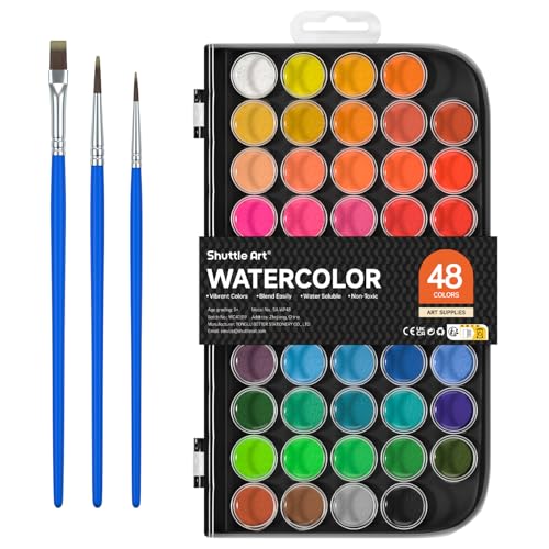 Shuttle Art Wasserfarben, 48 Aquarellfarben Kasten mit 3 Pinseln, Aquarellfarben für Erwachsene und Anfänger zum Malen geeignet