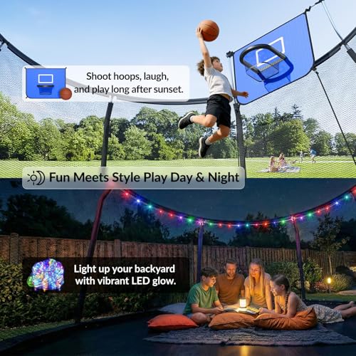 Image of ACWARM HOME Trampoline Outdoor 8FT 10FT 12FT 14FT 15FT 16FT Trampoline with Basketball Hoop and LED Lights, Recreational Trampolines for Kids and Adults with Enclosure Net & Ladder, ASTM Approved