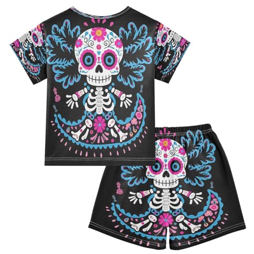 Pajama Sets Short Sleeve Colorful Sugar Skull Design Soft Cotton Summer Sleepwear 2 Piece PJS Size 5-14T2