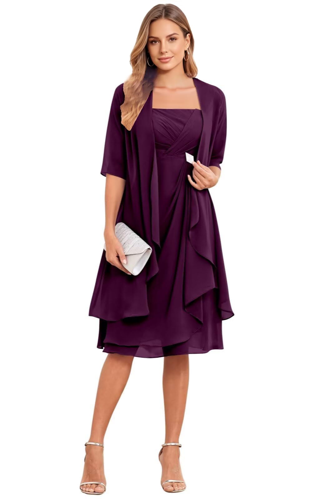 2 pezzi chiffon madre della sposa abiti con giacca volant collo quadrato mezza manica lunghezza al ginocchio abito da sera formale