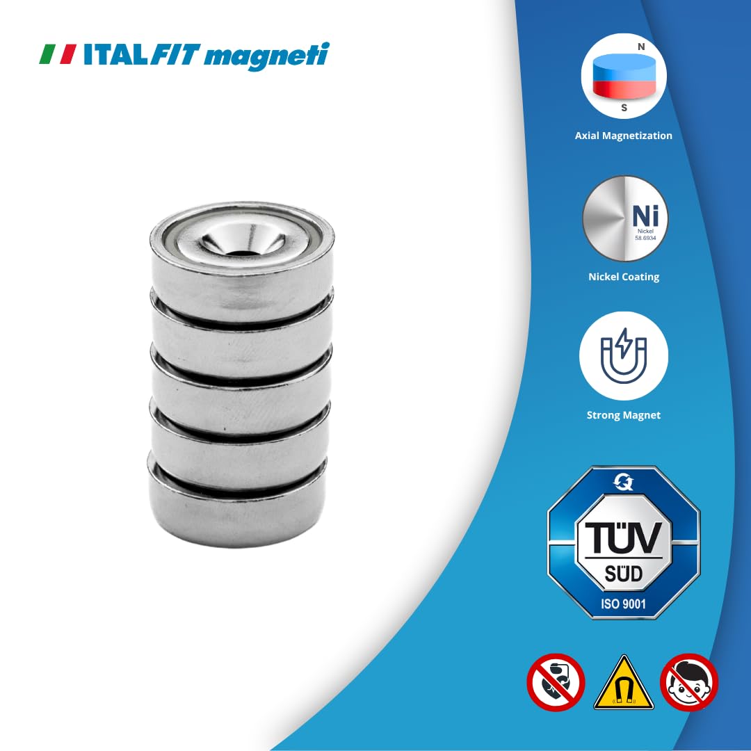 ITALFIT MAGNETI 25 Pezzi Magneti Neodimio con Foro Svasato 20mm – Forza 13 Kg, Spessore 7 mm, Foro 4,5 mm – Magneti Potenti da Avvitare per Officina, Fai da Te e Industria