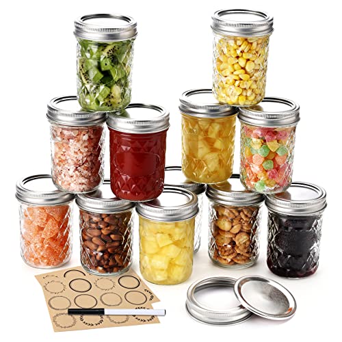 Image of 12 Pack Mason Jars 8 oz with Airtight Lids, Glass Regular Mouth Canning Jars, Small Quilted Crystal Jars for Jelly, Jam, Overnight Oats, Meal Prep