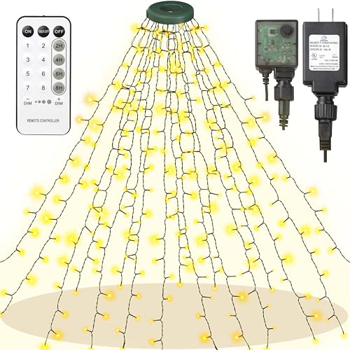 Christmas Tree Lights, 448 LED Waterfall Tree Topper Lights with 8 Lighting Modes, 8.2ft×16 Lines Plug in Twinkle Lights with Remote Control for Indoor Outdoor Christmas Tree Decoration