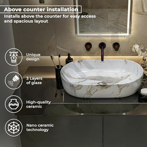 Image of Plantex Oval Ceramic Wash Basin /Tabletop Basin for Bathroom /Washbasin Sink for Home /Office (Glossy White - 21 x 14 x 6 Inch)