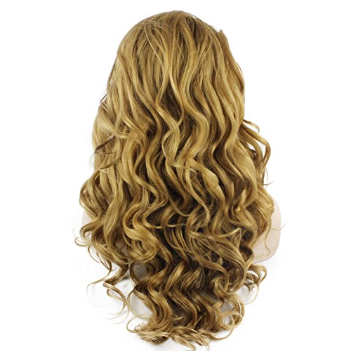 Miniatura 4 de Mxangel - Peluca larga ondulada con encaje frontal sintético y medio atado a mano, fibra rubia