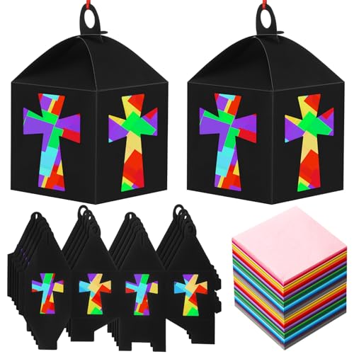 VIHOSE 16 Sets Religious Sunday School VBS Cross Crafts Kits 2026 VBS Illumination Theme Cross Lantern Bulk Christian Suncatcher Ornaments Church Tissue Paper DIY Art for Party Art Church Home