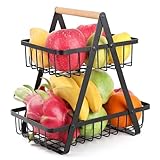 LEEJARD 2-stöckiger Obstkörbe, Gemüse, Schalenhalter, Metall Obstkorb Organisator mit Holzgriff für Küche, Esszimmer (Schwarz, L:27 W:17 H:29 cm | 2-Stöckiger)
