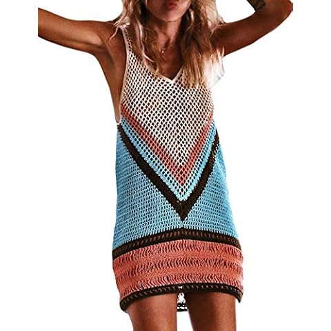 CXINS Women Sexy Hollow Out Deep V Neck Crochet Sleeveless Color Block Bikini Cover up Bohemian Beach Dress OneSize Multicoloured Cover
