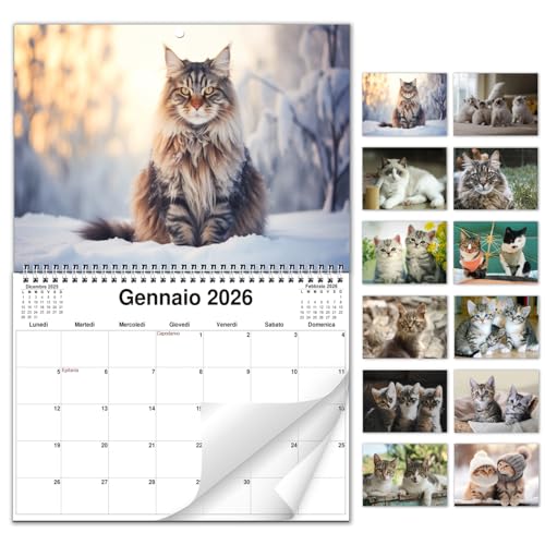 AEYAKA 2026 Katzen Wandkalender A4 auf A3 – Lustige Katzen Monatsplaner, Hängender Familien- & Büro-Organizer Italienisch