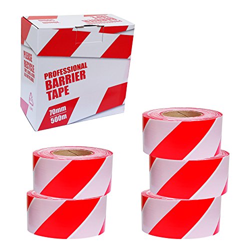 5 x Professional Barrier Hazard Safety Warning Tape - Red & White, 70mm x 500m