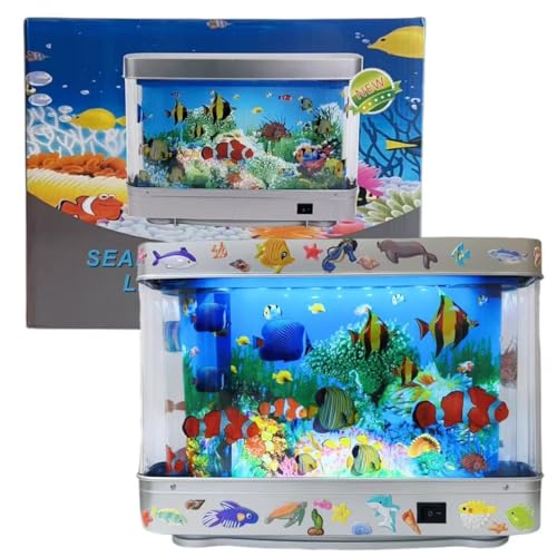 Fake Fish Tank Lamp - Moving Aquarium Night Light with Virtual Ocean Effect, 80s Retro Design for Adult Relaxation, Artificial Aquarium Decorative Lamp for Kids' Room and Cat Owners(US Plug)