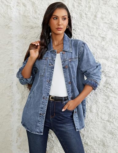 luvamia Denim Jackets for Women Trendy Long Sleeve Button Down Shirt Jacket Jean Shacket with Pocket Western Work Jacket3