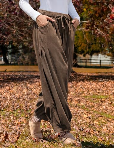 TARSE Womens Baggy Wide Leg Pants Corduroy Casual Drawstring Waist Palazzo Harem Pants with Pockets2