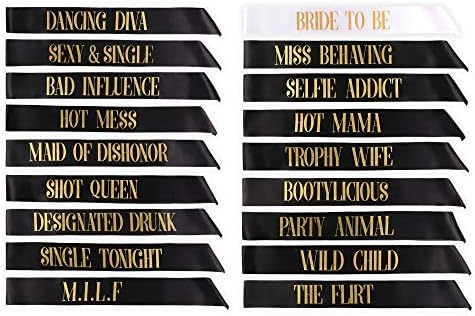 POP FIZZ DESIGNS Bachelorette Sash Set (18 pcs) 1 White Bride to Be Sash + 1 Maid of Honor Sash + 17 Bachelorette Sashes for The Bride Tribe - Amazing Bachelorette Party Favors