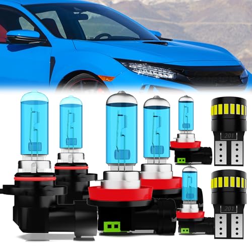 Image of Headlight Bulbs License Plate Lights Fit For Honda Civic 2016-2020, 9005 High Beam + H11 Low Beam + H11 Fog Lights Halogen Light Bulb + License Plate Lights, 6000K White, Pack of 8