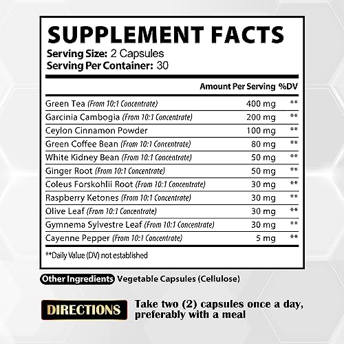 11In1 Herbs Burner For Women Body With Green Tea Extract, Garcinia Cambogia, Ceylon Cinnamon, White Kidney Bean, Ginger, Forskohlii, Raspberry Ketones, Olive, Gymnema & Others - 60 Capsules #TOP5