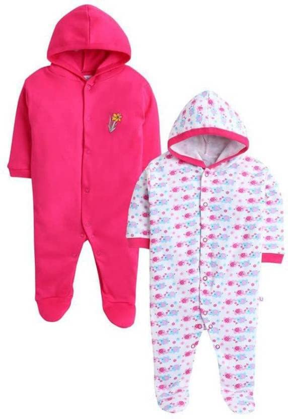Pooja Baby Front Open Full Sleeves Sleepsuit Hooded with Foot Easy Dressing and Diapering Romper Set of 2