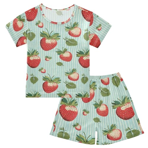 ALAZA Strawberries Stripes Pajama Set Short Sleeve Sleepwear Soft Lounge Nightwear