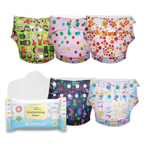 Superbottoms Uno 5 Cloth Baby Diapers Outer With Xtrahydrating Wipes-72 Pack- |3X Thicker Premium Wet Wipes, 98% Pure Water | Reusable Diaper For 5-17Kgs| 5 Diaper With 1 Dry Feel Pad -7Pcs Pack.