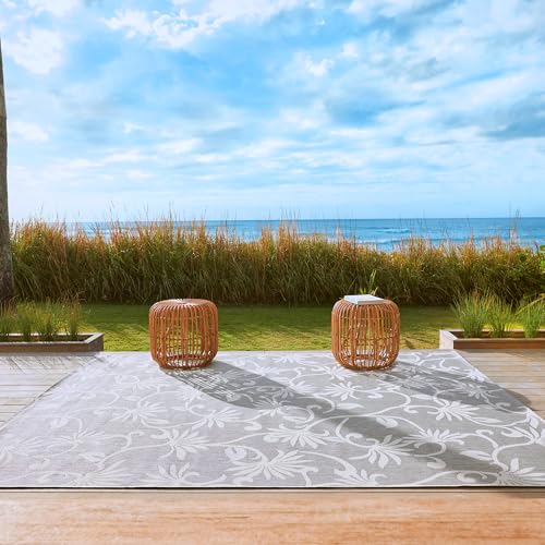 Gertmenian Indoor/Outdoor Kona Coast by Reyn Spooner Rug - 5x7 Standard, Stain & UV Resistant, Ideal for Deck, Patio, Poolside Rooms - Floral Vines, Gray Cream, 46678