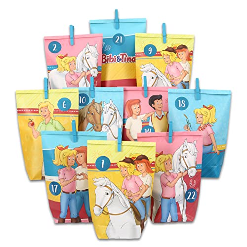 Papierdrachen DIY Adventskalender 2024 Bibi & Tina – Nachhaltige Papiertüten zum Befüllen – Geschenkidee inkl. 24 Klammern & Sticker – Kreativset zum Basteln für Weihnachten