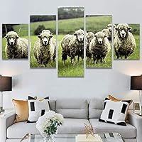 SIGNWIN 5 Panel Canvas Wall Art Modern Art Animals Cow Expressive Farmhouse/Country Multicolor Photography Sheep for Home Decorations Ready to Hang - 60