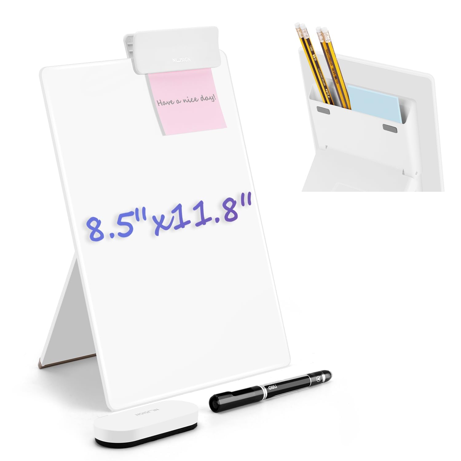 Small Desktop Whiteboard, Glass Dry Erase Board with Reversible Stand, 8.5‘’x11.8'' Table Top Storage Design Erase White Board with Marker and Eraser, Stenography Artifact for Office, Home, School