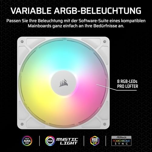 CORSAIR RS140 ARGB 140mm PWM-Lüfter – Daisy-Chain-Verbindung – Geräuscharm – Magnetisches Dome-Lager – Doppelpack – Weiß – Ansicht 5