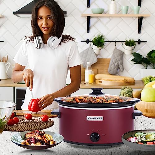Magnifique-6-Quart-Slow-Cooker-Oval-Manual-Pot-Food-Warmer-with-3-Cooking-Settings-Red-Stainless-Steel Magnifique 6 Quart Slow Cooker Oval Manual Pot Food Warmer with 3 Cooking Settings Red Stainless Steel