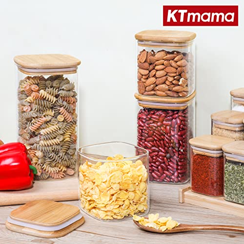 Image of Glass Square Food Storage Container With Airtight Bamboo Lid, Set of 6 Stackable Kitchen Pantry Clear Canisters For Cookie, Candy, Sugar, Coffee Bean, Pasta, Nuts (22oz /37oz /50oz)