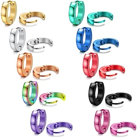 EIELO 10 Pairs Stainless Steel Small Hoop Earrings for Men Women Huggie Earrings Cool Mens Earrings Set Multicolor Huggie Hoop Earrings Piercing Cartilage Helix Lobes Sleeper Hoop Earrings Set 3MM Cover