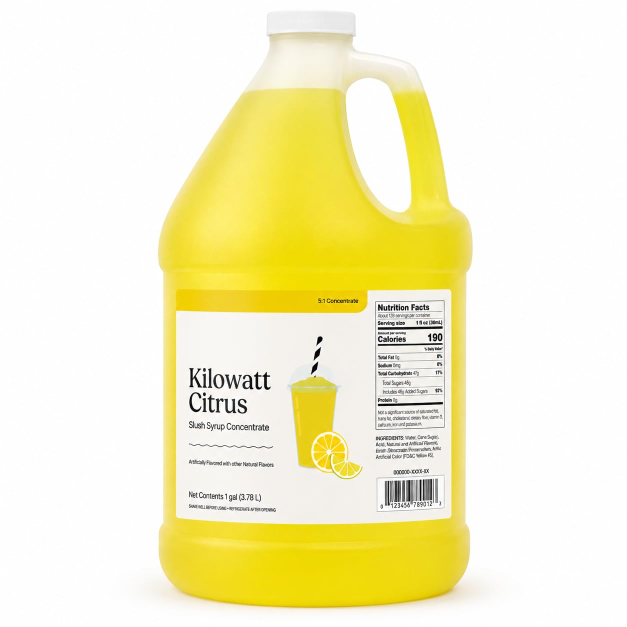 Slushy Mix Concentrate 1 Gallon – 5:1 Frozen Drink Syrup for Slushie, Granita & Snow Cone Machines – High Yield (48 Servings) – Gluten Free – Commercial Beverage Mix – Made in USA (4/Case, Kilowatt Citrus)