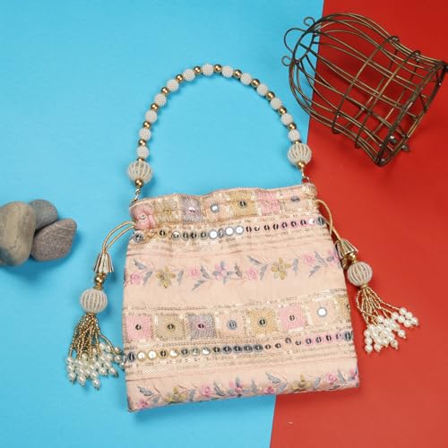 Image of LONGING TO BUY Indian Embroidered Pearl Potli Bag For Women, Sequence Design with Tassel, Wedding Potli Bags