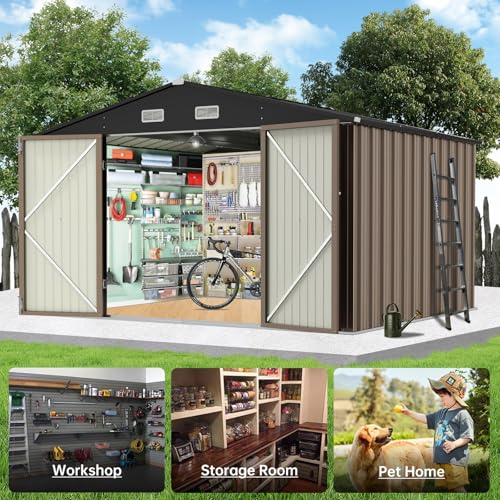 10x8 Ft Outdoor Storage Shed, Large Steel Multipurpose Yard Shed, Metal Outdoor Tool Shed with Sloped Roof and Door Lock Design for Organizing Tools & Equipment in Yard, Garden, Brown