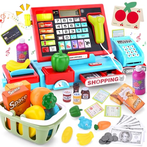 KIMIGO Caixa registadora brinquedos para crianças, caixa registadora de caixa de brinquedo, eletrónica registadora com scanner, microfone, comida brinquedos, loja supermercado presente para meninas