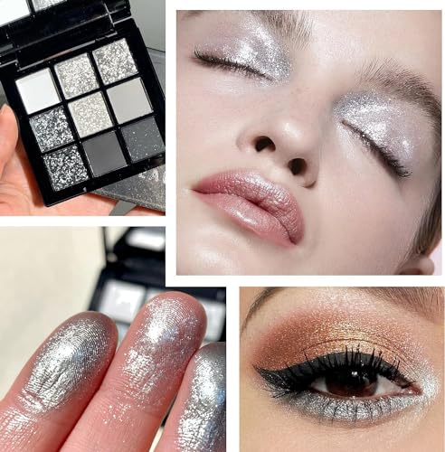 Long Lasting Black Eyeshadow Palette with Silver Glitter, Matte White and Grey Shades. Waterproof Goth Make Up for Women and Girls, Perfect for Halloween and Christmas Gifts - Image 3