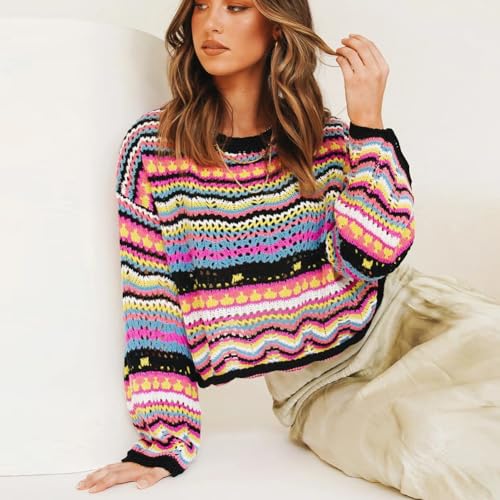 Image of Womens Colorful Striped Crochet Sweater Y2k Fall Pullover Long Flared Sleeve Crew Neck, Drop Shoulders Top Hollow Out