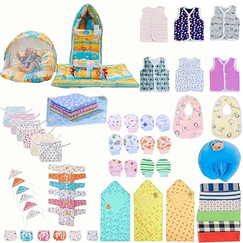 Infantbond New Born Baby Summer Hospital Essentials 62 in 1 | Baby Combo | Infant Essentials | Gift Set | Products All New Born Combo (0-6M) (Orange Lion)
