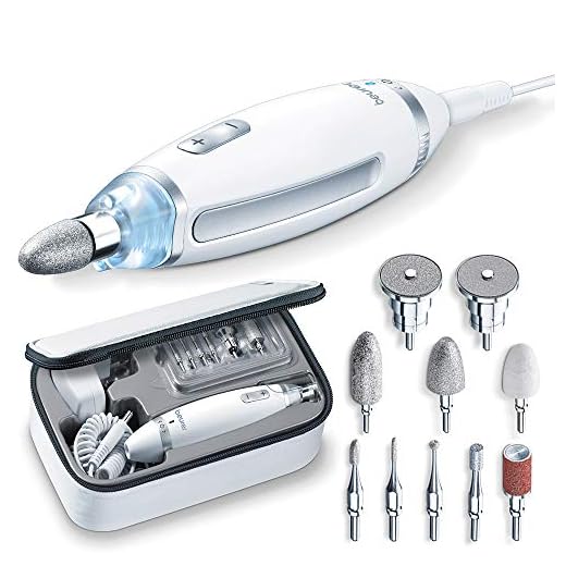 Beurer MP 62 Set de manicura/pedicura, lima de uñas eléctrica con 10 accesorios de alta calidad, luz LED, control de velocidad infinitamente variable, con bolsa de almacenamiento